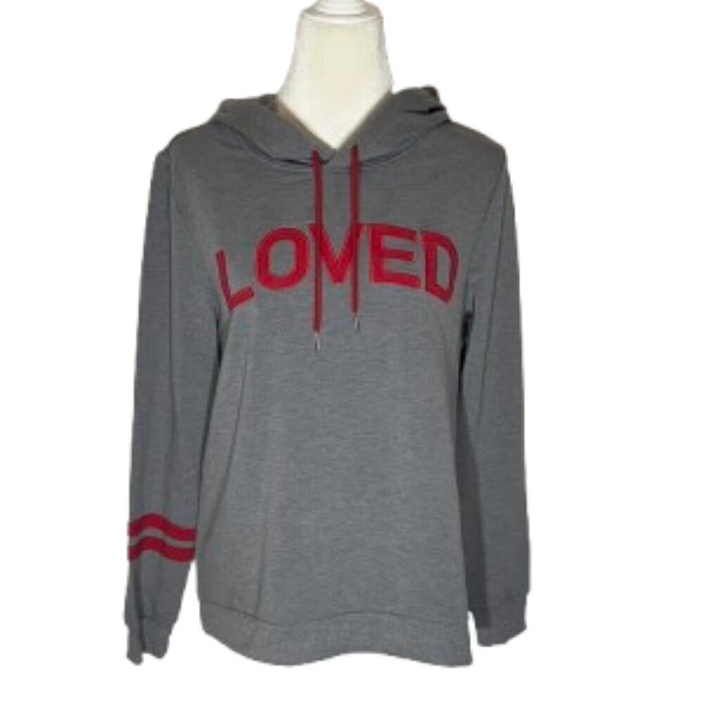 NWT Pajamagram Women's Red and Gray "Loved" Hooded Sweatshirt Top Size Small